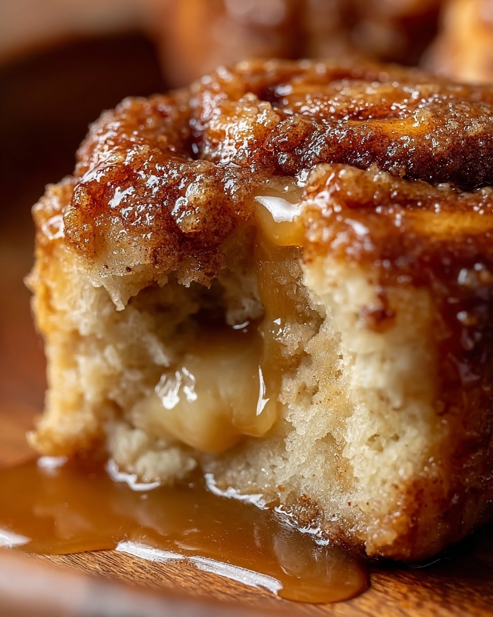 The image shows a close-up of a baked cinnamon roll with three visible layers: the outer layer is a glossy, sticky, golden-brown crust covered with cinnamon sugar and melted glaze; the middle layer is soft, light beige bread dough with a slightly crumbly texture; the innermost layer is a creamy, smooth, light tan filling that is oozing out from the center. The cinnamon roll rests on a wooden surface with caramel sauce pooling around its base, giving a rich and sticky feel. Photo taken with an iphone --ar 4:5 --v 7
