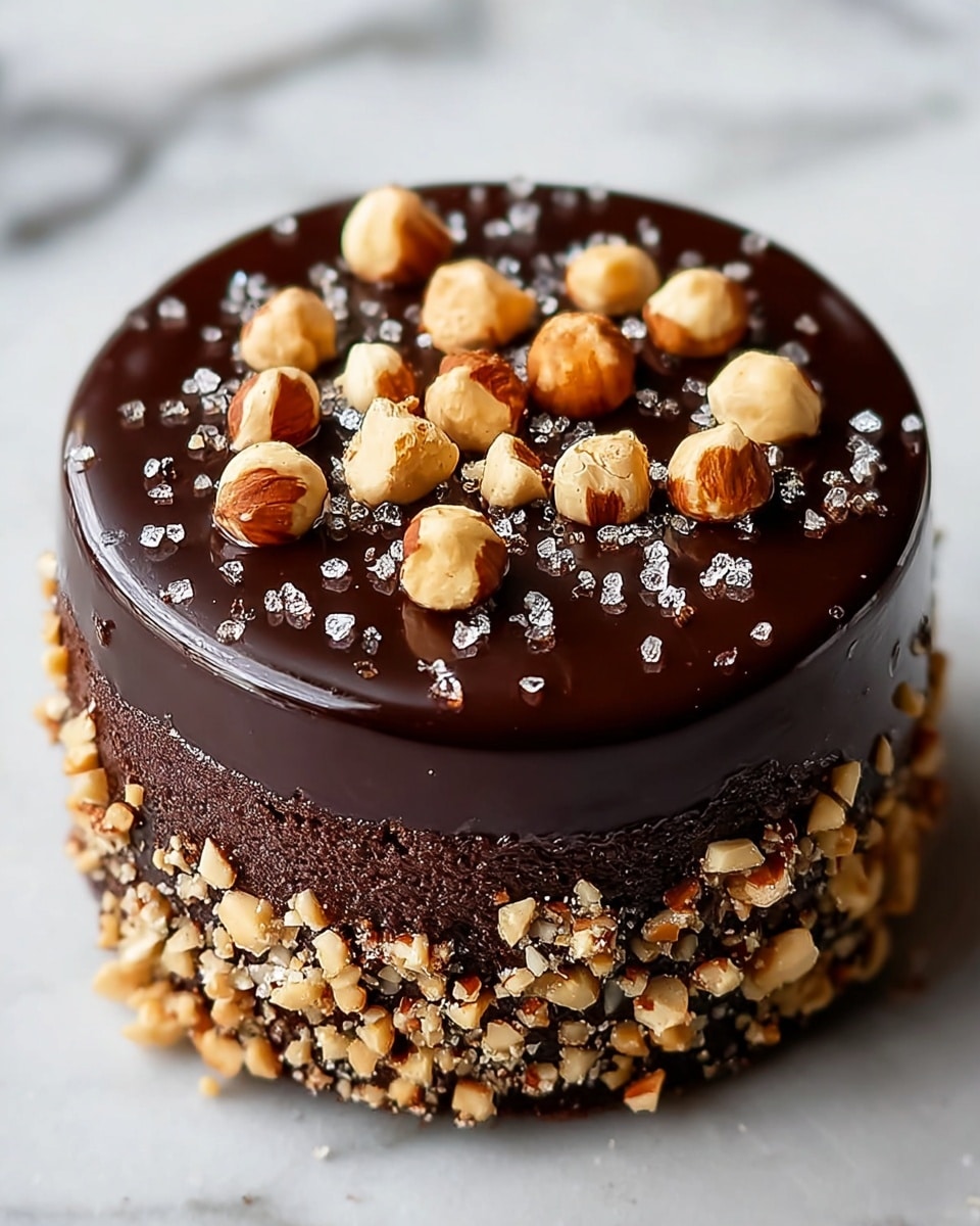 A small round chocolate cake with one visible thick layer of dark brown chocolate sponge. The cake is covered with a smooth, glossy dark chocolate glaze on top, sprinkled with whole golden brown hazelnuts and small white sugar crystals. The sides of the cake are decorated with crushed hazelnut pieces sticking to the chocolate sponge. The cake sits on a white marbled surface. Photo taken with an iphone --ar 4:5 --v 7