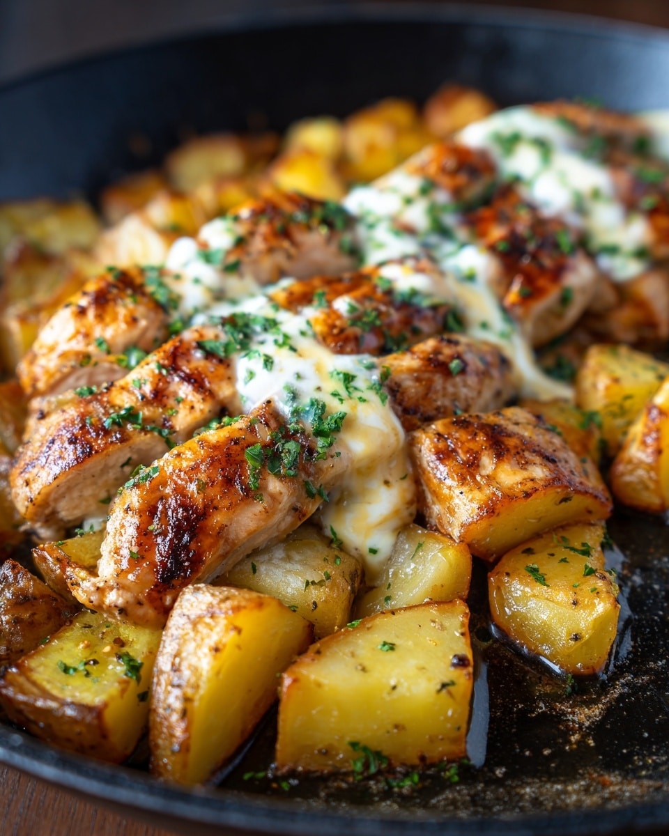 The dish shows a large pan filled with cooked golden-brown baby potatoes as the base layer, their skins slightly crispy and seasoned with herbs. On top of the potatoes are medium-sized grilled chicken pieces, browned on the outside with a juicy texture visible. The chicken pieces are drizzled with a light layer of melted white cheese sauce, which has a creamy texture and is sprinkled with finely chopped green herbs. The whole dish is set against a white marbled background. photo taken with an iphone --ar 4:5 --v 7