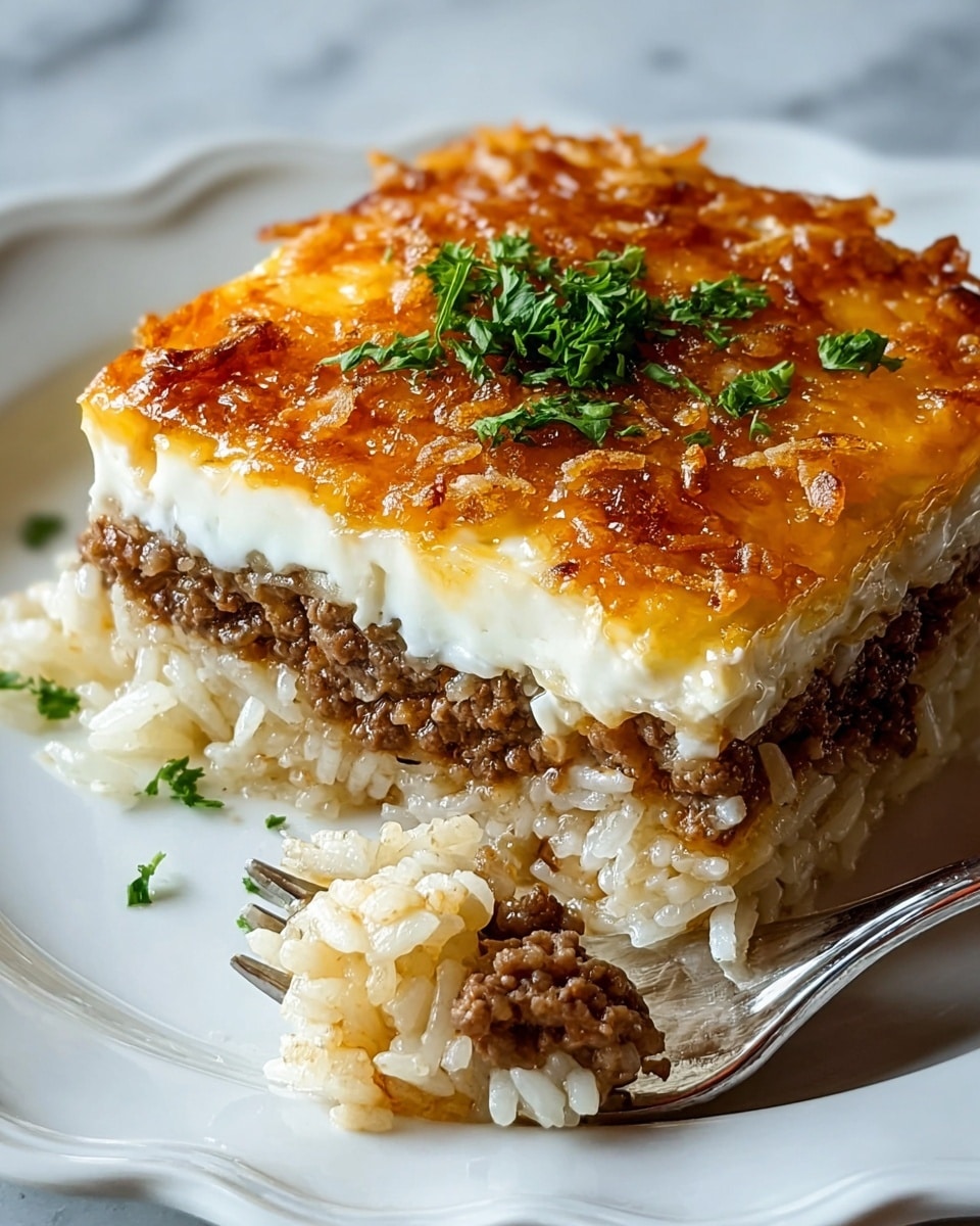 A close-up of a layered dish served on a white plate with scalloped edges, featuring three main layers: the bottom layer is made of soft white rice mixed with browned, cooked ground meat in a thick sauce; the middle layer is a smooth, shiny white cheese or cream that slightly melts over the rice; the top layer is a golden-brown crispy covering made from melted cheddar cheese mixed with crunchy bits of toasted topping, possibly fried onions, sprinkled with small pieces of fresh green parsley in the center. A silver fork rests on the plate, with some rice and meat stuck to its tines, and the whole scene is set on a white marbled texture. photo taken with an iphone --ar 4:5 --v 7