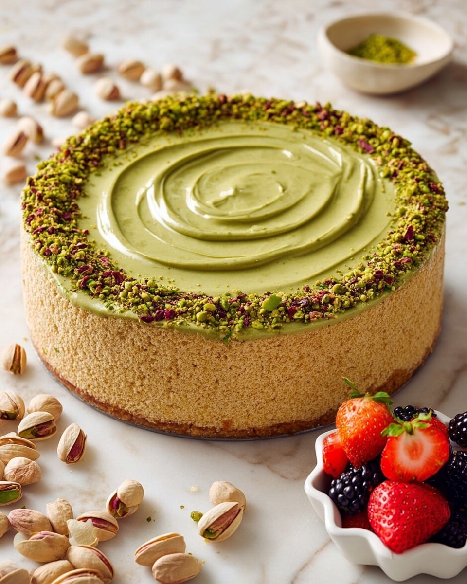 A round cake with about two thick layers is shown. The bottom layer is a light tan crumb crust that covers the sides, rough-textured with small crumbs visible. On top, there is a smooth, glossy green layer of pistachio cream, spread evenly with a swirl pattern in the center. Around the edge of the green cream is a ring of crushed pistachio nuts, adding a rough green and purple speckled texture. The cake sits on a white marbled surface with scattered whole pistachios around. In the foreground, a small white scalloped bowl holds fresh berries including strawberries cut in half and dark blackberries. The overall setting is bright and clean. Photo taken with an iphone --ar 4:5 --v 7