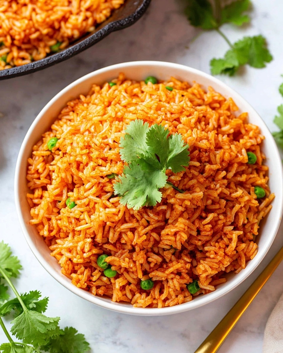 A white bowl filled with cooked rice that is orange-red in color, with a few green peas mixed in. The rice grains look separate and fluffy. On top of the rice, there is a fresh green cilantro leaf garnish. The bowl sits on a white marbled surface with some cilantro leaves scattered around. Part of a cast iron pan with more orange-red rice is visible in the top right corner, and a gold fork handle is partially seen on the bottom right. photo taken with an iphone --ar 4:5 --v 7