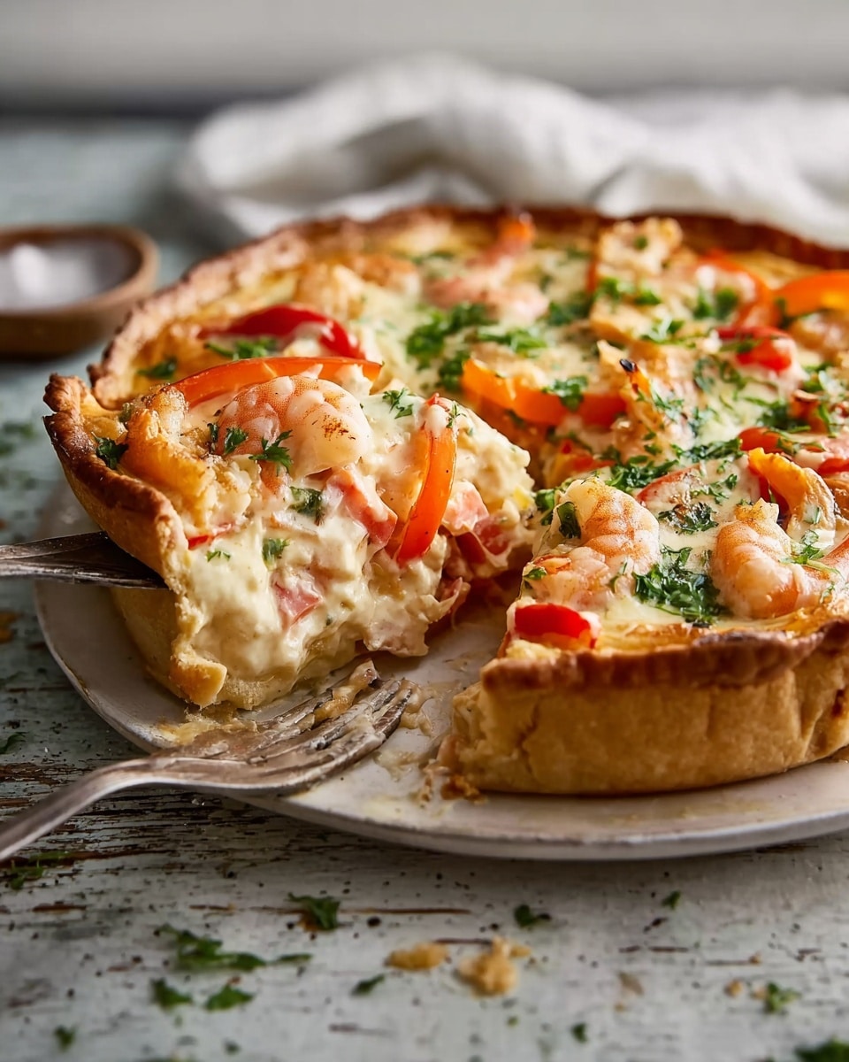 A savory pie with a thick, golden brown crust forms the base, filled with creamy white sauce and layers of bright orange and red bell pepper slices. Inside, there are plump pink shrimp pieces surrounded by the sauce. The top layer is melted, lightly browned cheese scattered with fresh green herbs. One slice is partially cut and lifted with a silver fork, showing the colorful shrimp and pepper layers inside. The pie sits on a simple white plate on a white marbled surface, with a rustic atmosphere in the background. photo taken with an iphone --ar 4:5 --v 7