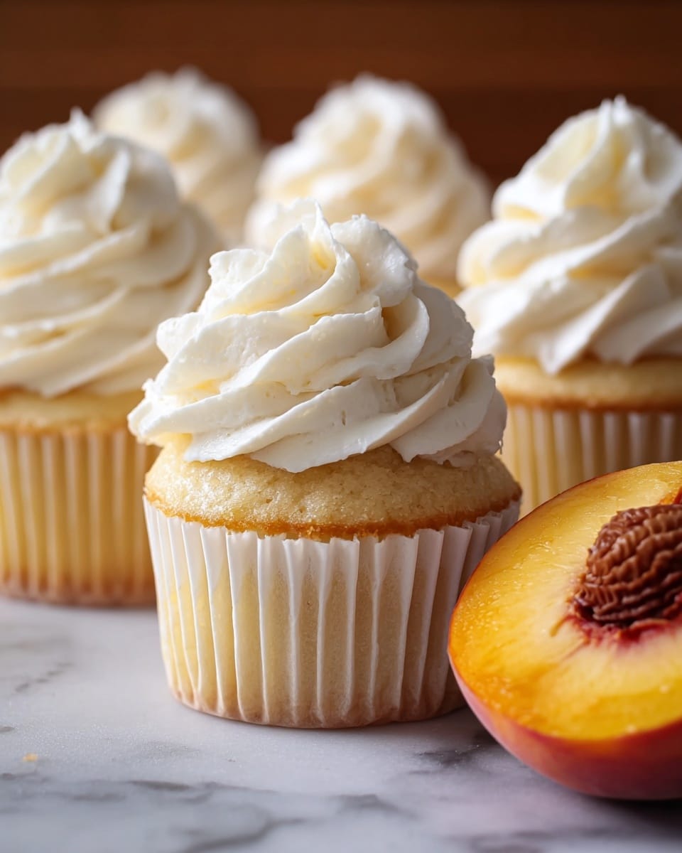 A close-up view of four vanilla cupcakes, each with one layer of pale golden yellow cake topped with a thick swirl of white, fluffy whipped frosting with soft peaks, arranged in a loose cluster. The front cupcake is centered, with its white pleated paper liner showing vertical ridges and a smooth, slightly domed golden-brown top visible just beneath the frosting. To the right of the cupcakes, there is a half peach with a bright orange-yellow flesh, revealing its brown textured pit in the center, all placed on a white marbled surface. The background is softly blurred, focusing attention on the detailed textures of the cupcakes and fruit. photo taken with an iphone --ar 4:5 --v 7