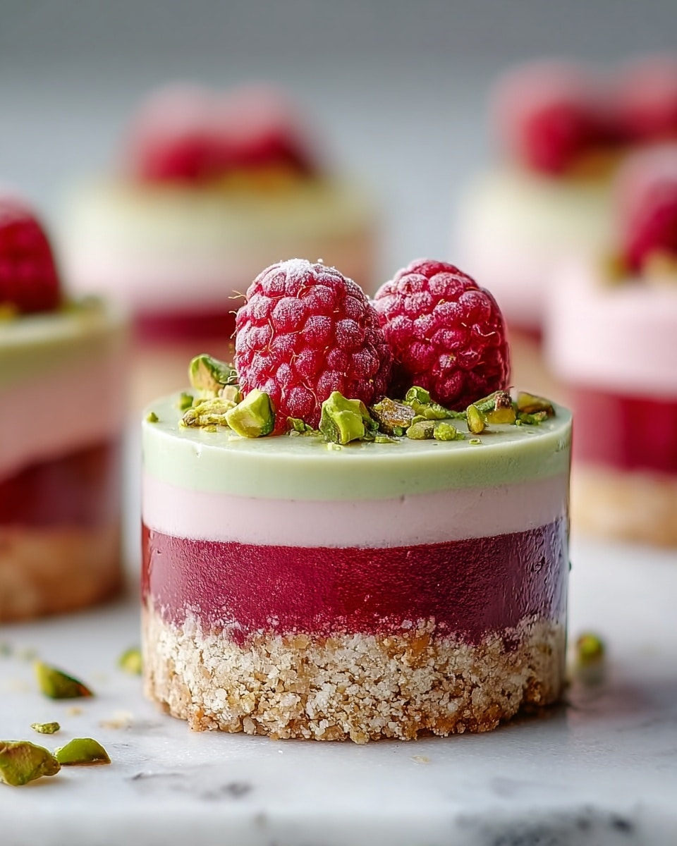 The image shows a small, round dessert with four clear layers placed on a white marbled surface. The bottom layer is light brown and crumbly, resembling a biscuit base. Above it is a thick, deep red layer with visible seeds and a glossy texture. The third layer is a smooth, light pink cream, while the topmost layer is a pale green cream with a slightly speckled texture. On top of the dessert are three fresh red raspberries and small pieces of green pistachios scattered around. Several similar desserts are softly blurred in the background. photo taken with an iphone --ar 4:5 --v 7