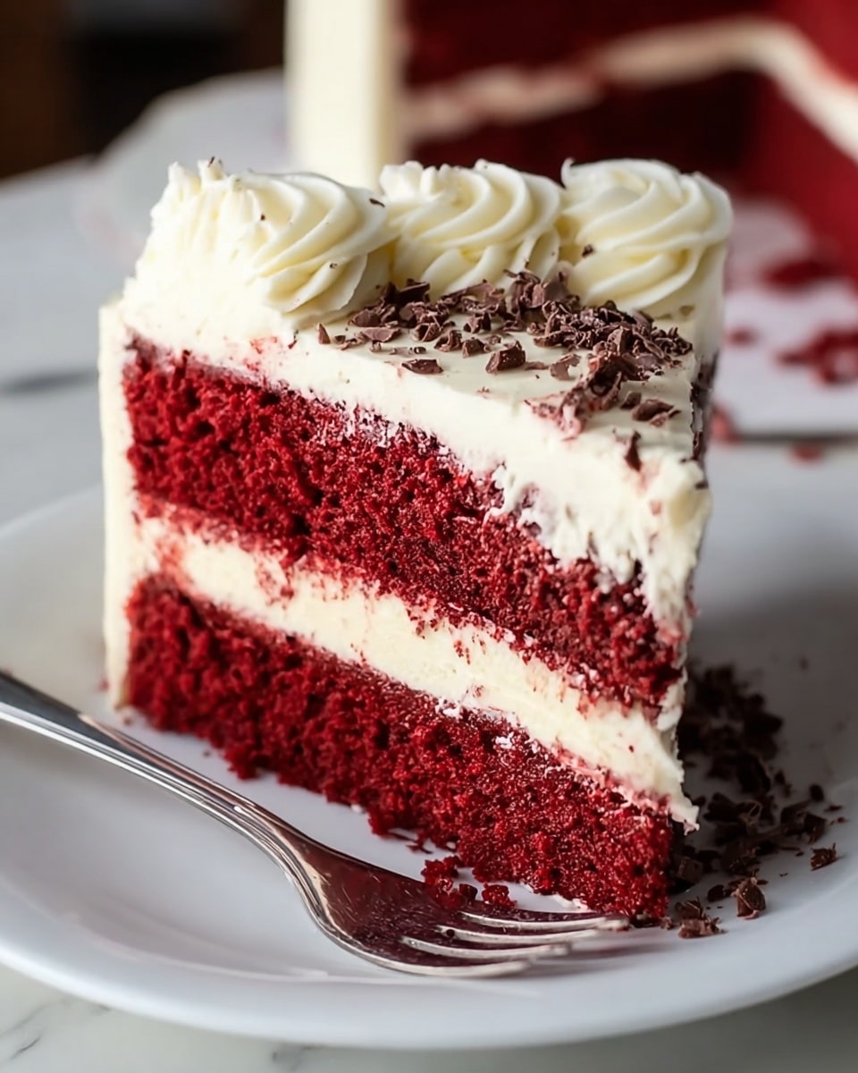 A slice of red velvet cake with two thick red layers, separated by a creamy white layer in the middle, sits on a white plate. The cake is covered with smooth white frosting on the sides and top. On the top, there are three large swirls of white cream decorated with small pieces of red cake crumbs, adding texture and color contrast. A fork rests next to the slice on the plate, all placed on a table with a white marbled texture. photo taken with an iphone --ar 4:5 --v 7