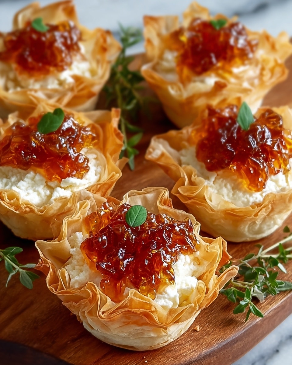 The image shows six small tartlets arranged close together on a wooden board, each with three distinct layers. The base layer is a golden, flaky phyllo dough cup with crispy, ruffled edges that look light and crunchy. The middle layer is a soft, creamy white cheese filling that smoothly fills the center of each tartlet, creating a soft texture contrast. The top layer is a glossy red-orange jelly or jam, piled generously with chunks giving it a slightly translucent and sticky look, and each tartlet is garnished with a small green herb leaf, adding freshness and color contrast. Some green herb sprigs are scattered around the wooden board for extra decoration. The background is a white marbled texture. photo taken with an iphone --ar 4:5 --v 7