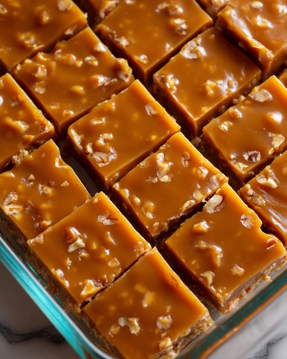 A close-up view of a glass baking dish filled with twelve square-shaped caramel fudge pieces, each piece glossy and smooth with a rich golden-brown color, dotted with small bits of chopped nuts inside the fudge. The fudge squares are neatly cut and evenly placed side by side, showing a shiny, slightly wet surface texture. The background is a white marbled texture, and the glass dish edges have a clear, reflective quality. Photo taken with an iphone --ar 4:5 --v 7