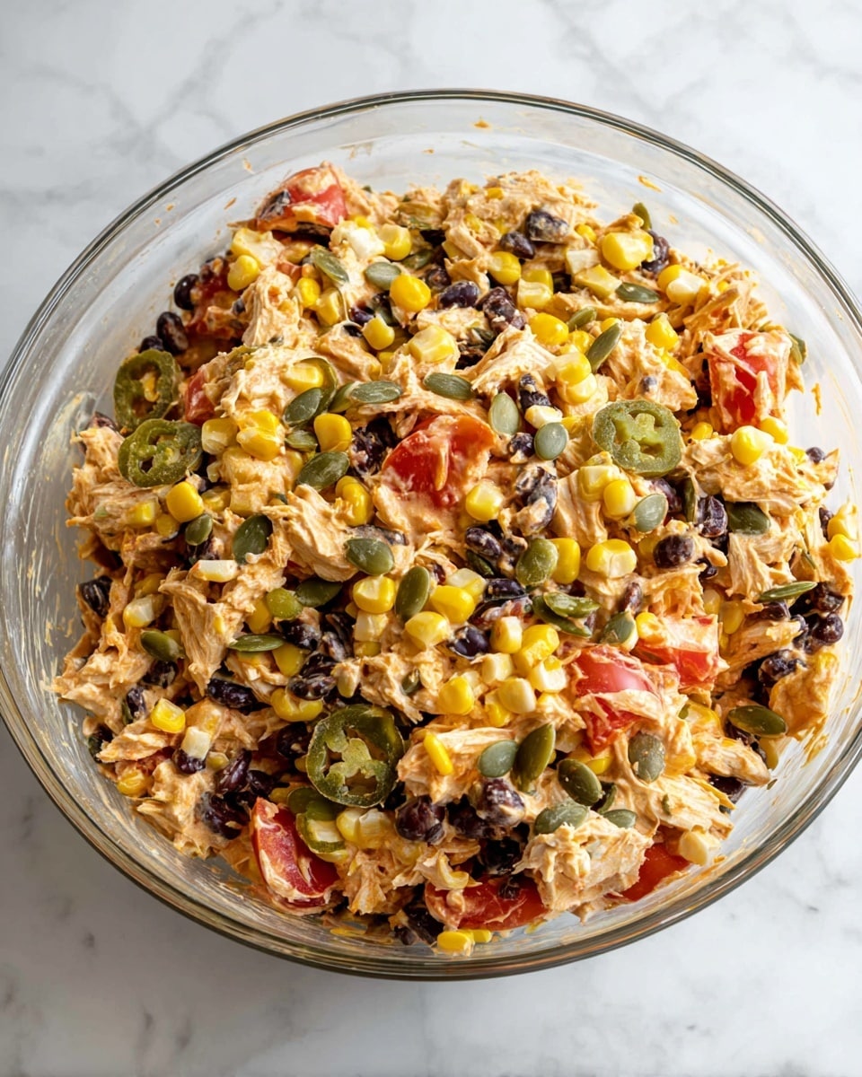 A clear glass bowl filled with a colorful layered salad mix sits on a white marbled surface. The salad contains a base of shredded chicken mixed with a creamy orange sauce, folded with bright yellow corn kernels, dark black beans, sliced green jalapeños, and red tomato pieces. Scattered pumpkin seeds add texture throughout. The layers are evenly mixed, showing a blend of creamy, soft, and crunchy textures with vibrant colors from the vegetables and seeds. photo taken with an iphone --ar 4:5 --v 7