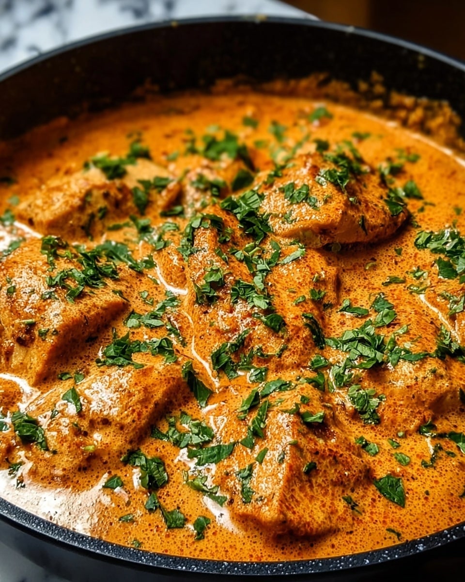The image shows a black pan filled with thick orange curry sauce that has a creamy texture with visible specks of spices. Several pieces of chicken are covered in this sauce, with the chicken pieces light brown and tender-looking, partially submerged in the curry. On top of the curry and chicken, there are fresh chopped green herbs scattered evenly, adding a bright contrast to the rich orange color. The background has a white marbled texture. photo taken with an iphone --ar 4:5 --v 7