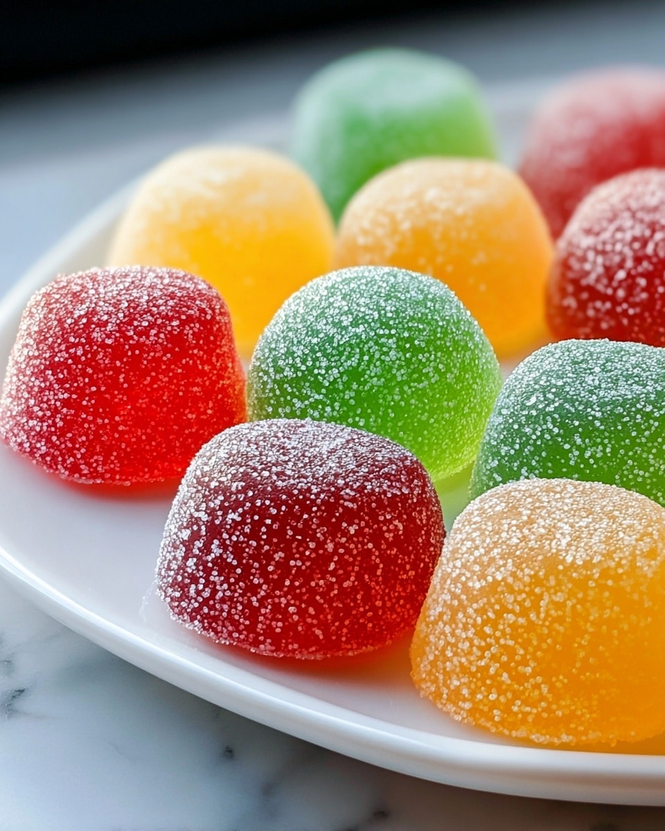 A close-up image shows a group of colorful gumdrop candies arranged loosely on a white plate. The candies come in various colors including green, red, yellow, and orange, each coated with tiny white sugar crystals that sparkle in the light. The candies are dome-shaped with a slightly translucent texture, allowing light to softly glow through them, creating a vivid and appealing look. The background has a soft blur highlighting the candies in the front. The plate is placed on a surface with a white marbled texture. photo taken with an iphone --ar 4:5 --v 7