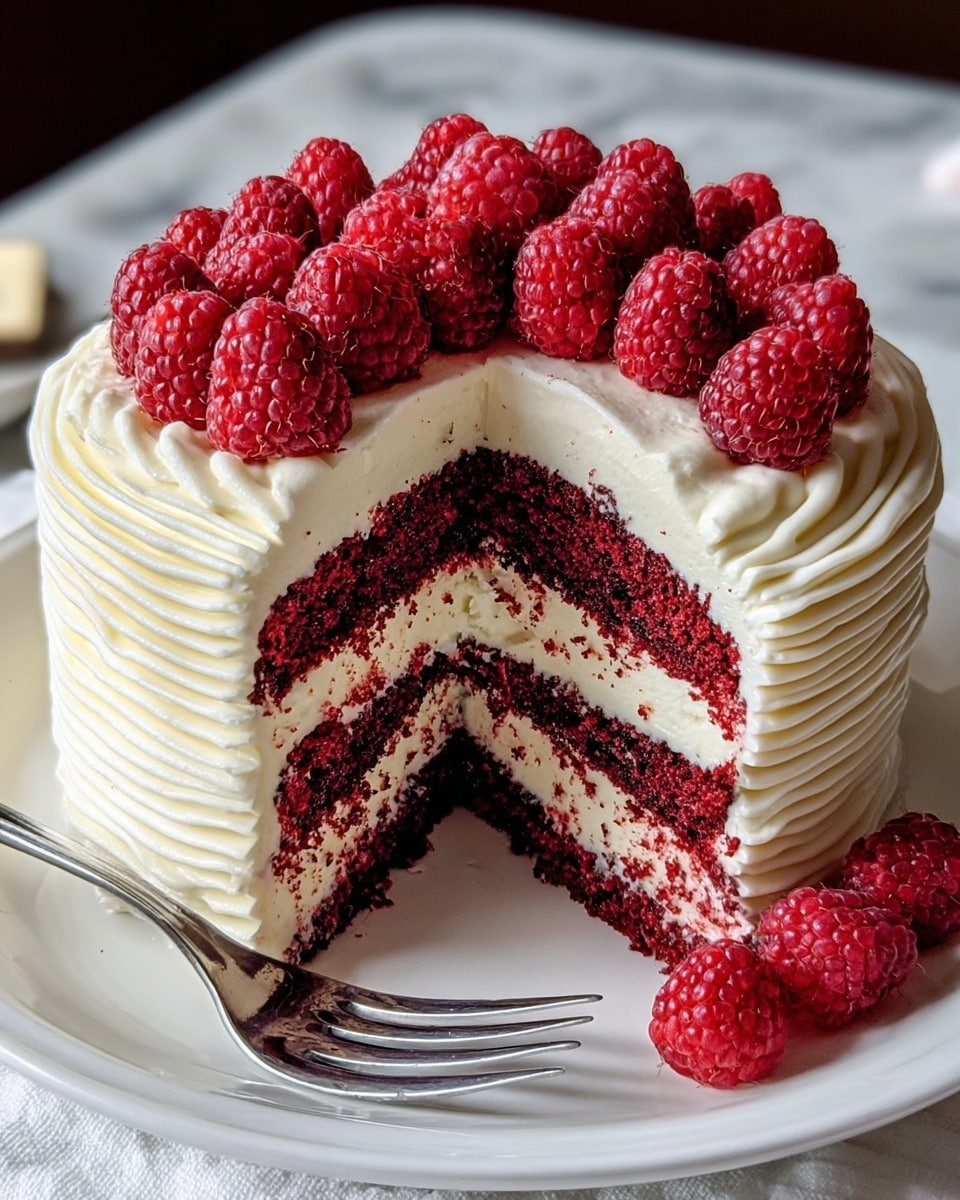 The image shows a round cake with three visible layers of dark red sponge separated by two thick layers of white cream. The outside is covered in white cream with a wavy, ridged texture around the sides. On top, there is a ring of fresh red raspberries standing upright along the edge, and there are a few more raspberries resting beside the cake on the white plate. The cake has a missing slice, showing the layers clearly from the side. A silver fork sits on the plate next to the cake. The plate is white and placed on a white marbled surface. Photo taken with an iphone --ar 4:5 --v 7