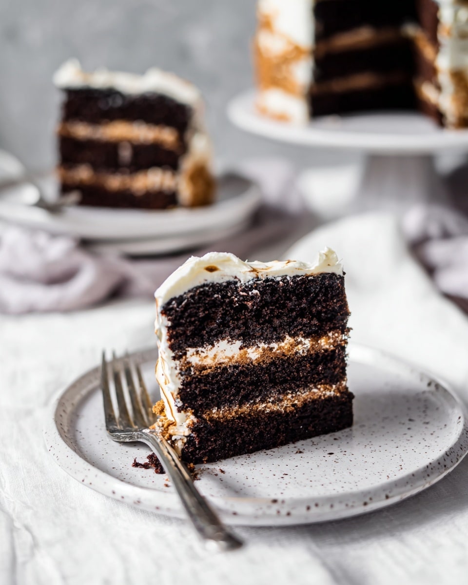 A slice of three-layer chocolate cake sits on a white speckled plate, placed on a white marbled textured surface. The cake has dark, moist chocolate layers and between these are light brown crumbly layers. A thick layer of white frosting covers the sides and base of the slice, with parts of the frosting slightly toasted to a golden brown. The texture of the chocolate layers is dense and rich, while the frosting looks creamy and soft. A silver fork rests beside the slice on the plate, adding to the scene. In the background, another white plate holds similar cake slices, and a full cake is blurred. photo taken with an iphone --ar 4:5 --v 7