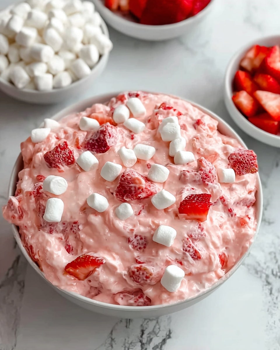 A close-up view of a white bowl filled with a light pink creamy dessert mixed with small chunks of red strawberries; the top layer is uneven and dotted with small white marshmallows and pieces of strawberries, giving it a textured appearance. In the background on a white marbled surface, there are two white bowls: one filled with white mini marshmallows and the other with halved red strawberries. The scene evokes a fresh, sweet feeling with vibrant red, soft pink, and bright white colors. Photo taken with an iphone --ar 4:5 --v 7