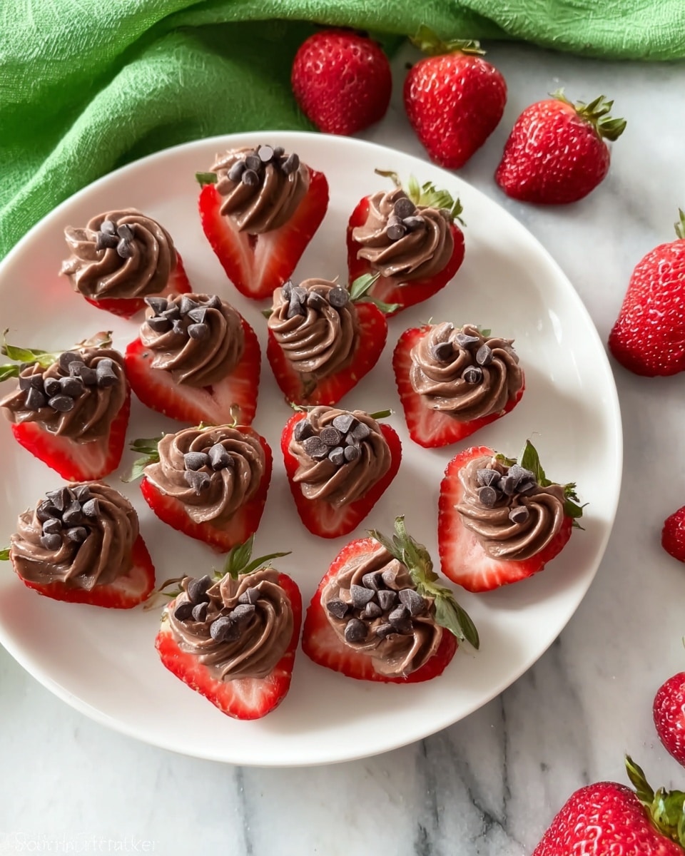 A white plate holds about a dozen strawberry halves, each cut side up. On each strawberry half, there is a thick swirl of smooth, dark brown chocolate cream, some topped with small dark chocolate chips for texture. Around the plate, several whole bright red strawberries with green tops are scattered on a white marbled surface. A green cloth is placed at the top edge of the photo. The lighting highlights the glossy texture of the strawberries and the rich cream. Photo taken with an iphone --ar 4:5 --v 7