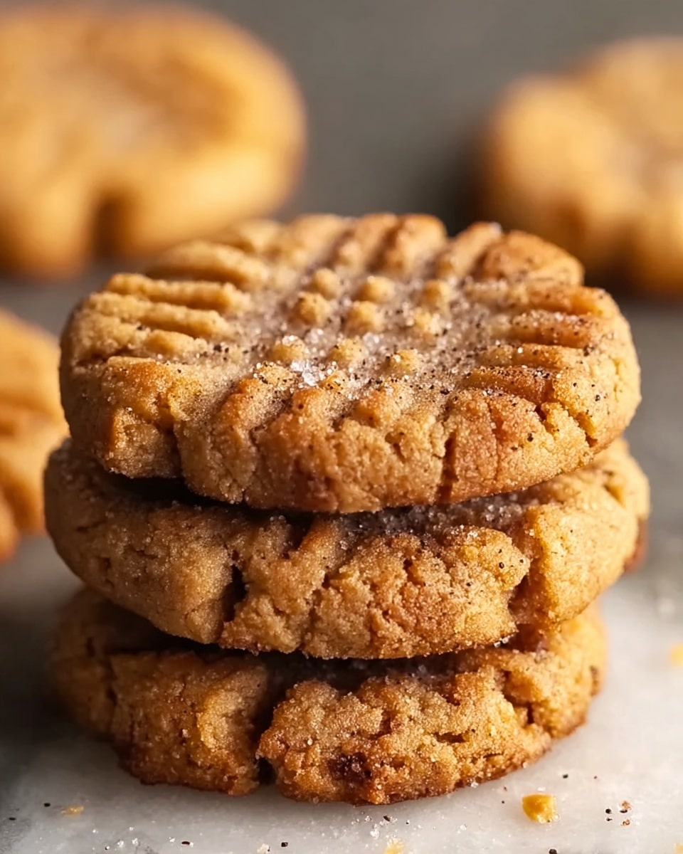 The image shows a close-up stack of four peanut butter cookies on a white marbled surface. Each cookie has a golden brown color with a slightly rough texture, visible cracks, and a classic fork-pressed crisscross pattern on top, giving them a homemade feel. The edges are slightly darker and crispier, contrasting with the softer-looking center. There are small sugar granules and tiny black specks sprinkled lightly on the cookies, adding texture and detail. In the background, blurred, more cookies are visible, matching the stack in color and texture. photo taken with an iphone --ar 4:5 --v 7