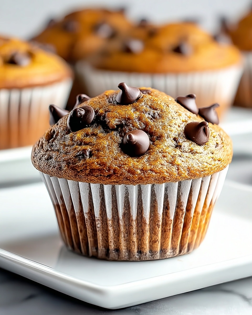 A single chocolate chip muffin sits on a clean white square plate over a white marbled texture. The muffin has a light brown top with a slightly rough surface, studded with dark brown, glossy chocolate chips scattered unevenly across the top. The muffin’s paper liner has vertical ridges, mostly white with hints of brown showing through. In the blurred background, other similar muffins are visible, each also topped with chocolate chips. The focus is sharp on the front muffin, emphasizing its moist texture and rich chocolate pieces. photo taken with an iphone --ar 4:5 --v 7