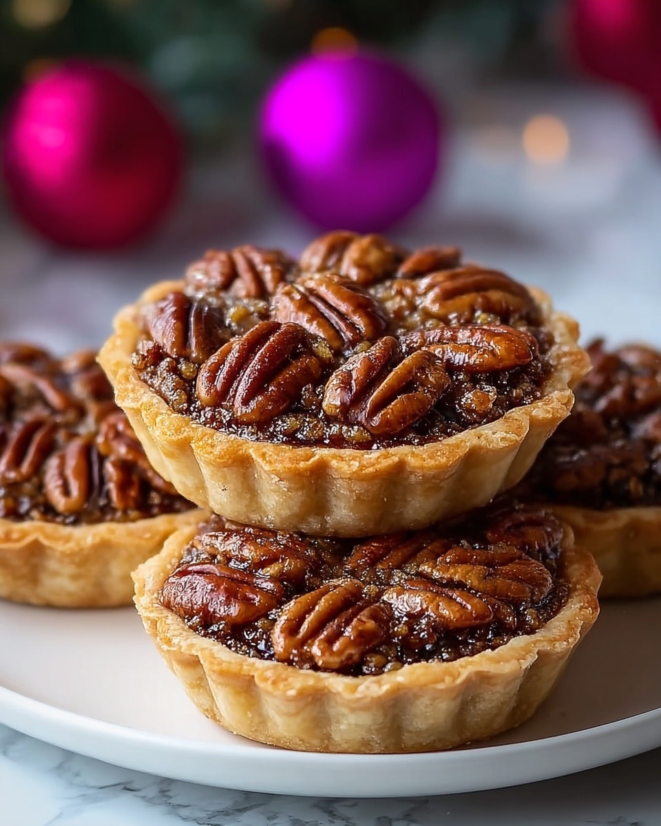 The image shows a close-up of small pecan tarts stacked on a white plate placed on a white marbled surface. Each tart has three visible layers: a golden, flaky crust as the base and edges, a dark, shiny filling in the middle with a smooth texture, and a top layer densely covered with whole, glossy pecans that have a rich brown color and a slightly oily shine. The tarts look moist and rich, with a mix of smooth and crunchy textures from the filling and pecans. In the background, there are blurred spherical decorations in pink and purple tones. photo taken with an iphone --ar 4:5 --v 7
