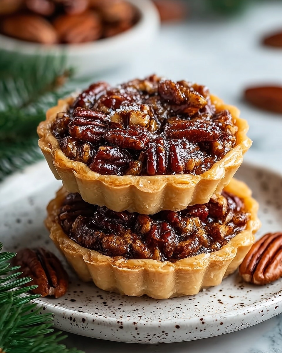 Two pecan tarts are stacked on top of each other on a white plate with dark speckles. The tarts have a golden, flaky crust that holds a glossy, rich, dark brown pecan filling, with whole and chopped pecans visible, glistening with syrup. Around the plate, whole pecans are scattered, and a green pine branch is partly visible at the bottom left, all set against a white marbled surface. photo taken with an iphone --ar 4:5 --v 7