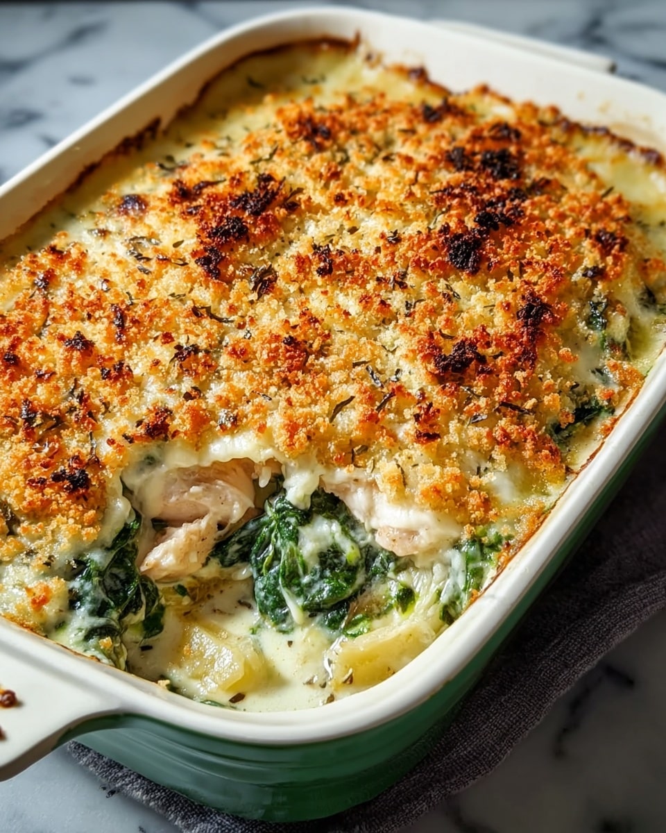 A baked dish with three visible layers in a white rectangular baking dish with a green rim, placed on a white marbled surface. The bottom layer shows creamy cooked spinach mixed with chunks of light-colored chicken or fish, surrounded by a rich white sauce. Above this is a thick creamy white layer with melted cheese, topped by a golden-brown, crispy breadcrumb crust that is speckled with darker browned spots. The dish looks warm and cheesy with bubbling edges, showing a soft, rich texture beneath the crunchy top. Photo taken with an iphone --ar 4:5 --v 7