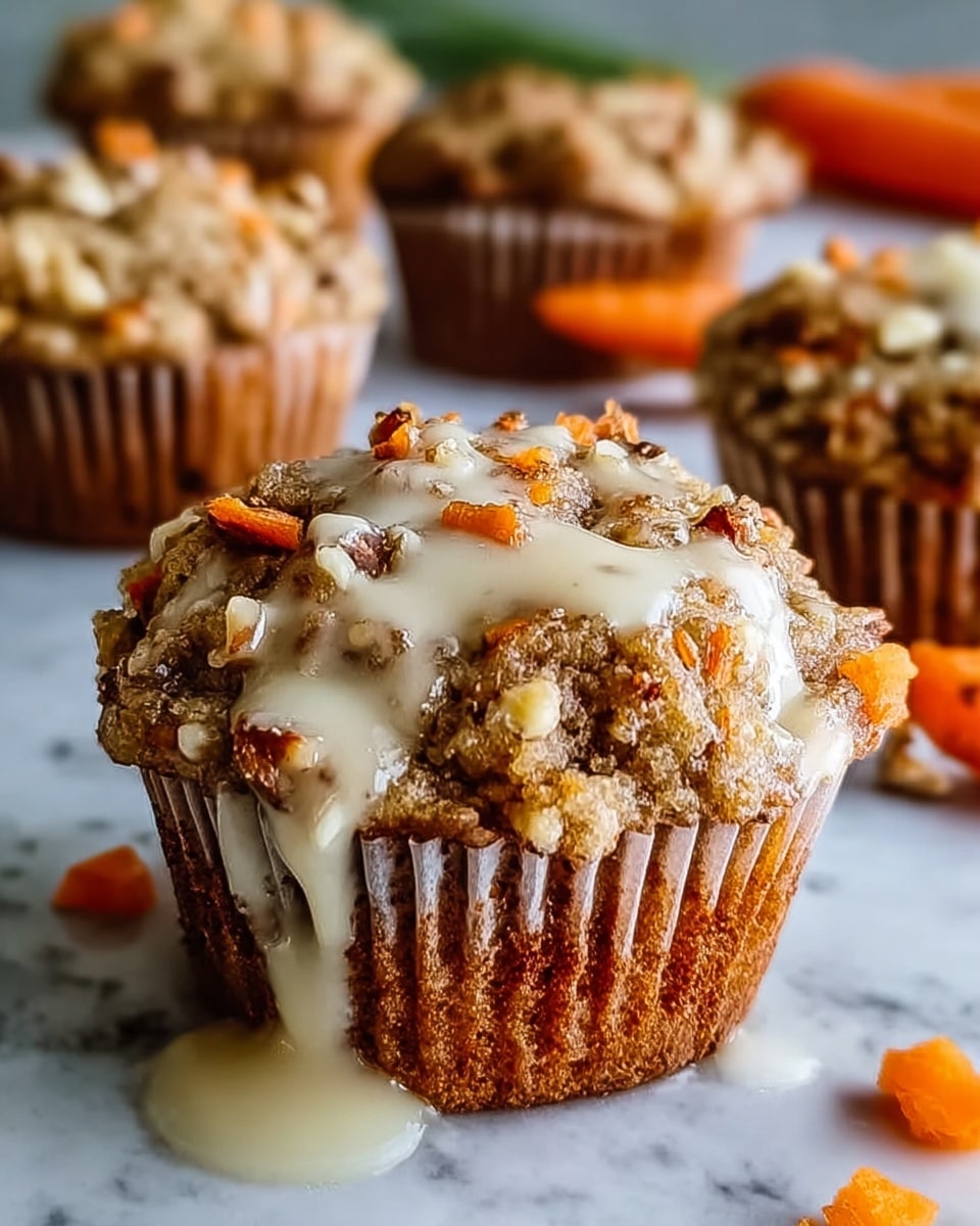 The image shows a close-up of a carrot muffin with a rough textured top, dotted with small orange carrot pieces and chopped nuts inside a white pleated paper cup. A creamy white glaze lightly drips down from the uneven cracked muffin top, adding a smooth contrast to its coarse surface. Around the main muffin, there are similar muffins blurred in the background and a few small pieces of chopped carrot visible on a white marbled surface. The overall colors are warm with browns, oranges, and creamy whites. photo taken with an iphone --ar 4:5 --v 7