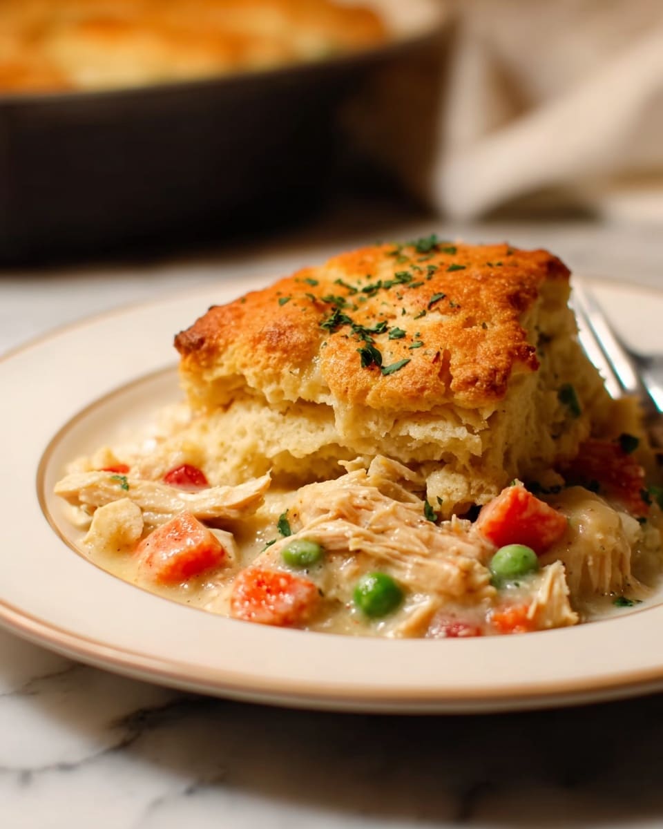 A white plate with a light-colored rim holds a serving of chicken pot pie with two distinct layers: the top layer is a golden-brown, flaky biscuit crust sprinkled with small green herb pieces, while the bottom layer is a creamy mixture of shredded chicken, bright orange chunks of carrot, green peas, and bits of red pepper, all coated in a thick sauce. The dish's textures and colors are warm and inviting, set against a soft-focus background with a white marbled surface visible. photo taken with an iphone --ar 4:5 --v 7