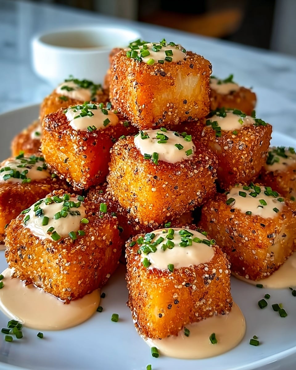 A white plate holds many small golden-brown, crispy cubes of fried fish, each topped with a small dollop of creamy light beige sauce and sprinkled with finely chopped green herbs. The fish cubes have a crunchy texture with a slightly speckled seasoning coating, and some sauce drips down the sides. The plate rests on a white marbled surface with soft natural light highlighting the warm tones of the dish. Photo taken with an iphone --ar 4:5 --v 7