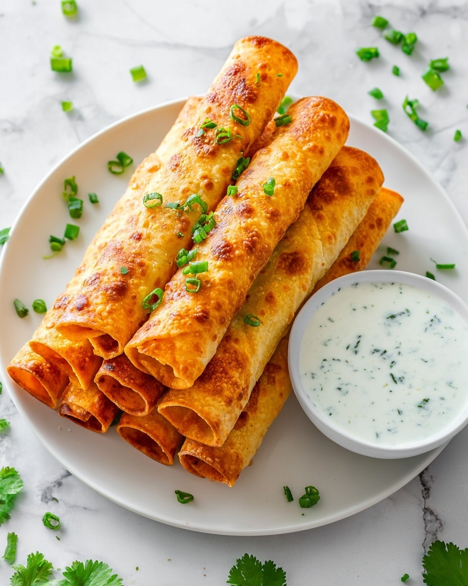 A white plate holds six golden-brown rolled taquitos arranged in a stacked formation, with four in the front and two slightly behind. The crispy rolls have a textured surface with small brown spots indicating they are fried. Bright green chopped scallions are sprinkled over the taquitos and scattered around the plate, adding contrast. On the bottom right of the plate, there is a small white bowl filled with creamy white dipping sauce speckled with small green herbs. The plate sits on a white marbled surface with more scattered green scallions and small cilantro leaves. photo taken with an iphone --ar 4:5 --v 7