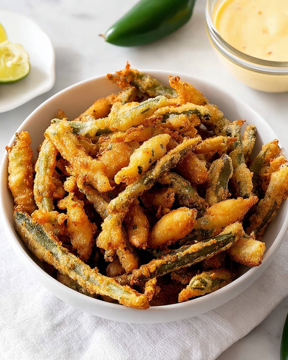A white bowl filled with crispy fried okra pieces, each coated in a golden-brown batter with visible specks of herbs and spices, showing a crunchy texture. The okra is cut into long slices and some smaller round pieces, piled high and slightly uneven. The surface has a warm orange hue with darker spots where the batter is browned. On the right side of the bowl sits a whole green chili pepper, adding a fresh contrast to the fried food. The background is a white marbled texture providing a clean, bright setting. Photo taken with an iphone --ar 4:5 --v 7