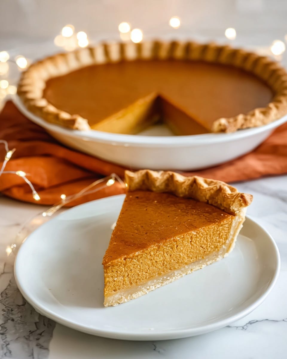 The image shows one slice of pumpkin pie on a white plate in the front and a larger pumpkin pie with one slice removed in the background, both placed on a white marbled surface. Each pie has two clear layers: the bottom crust is light brown and flaky with a slightly crimped edge, while the filling is smooth, dense, and deep orange-brown with a glossy top. The edges of the crust rise above the filling in a wavy pattern. Behind the pies is a folded soft orange cloth and small warm string lights adding a cozy touch. Photo taken with an iphone --ar 4:5 --v 7
