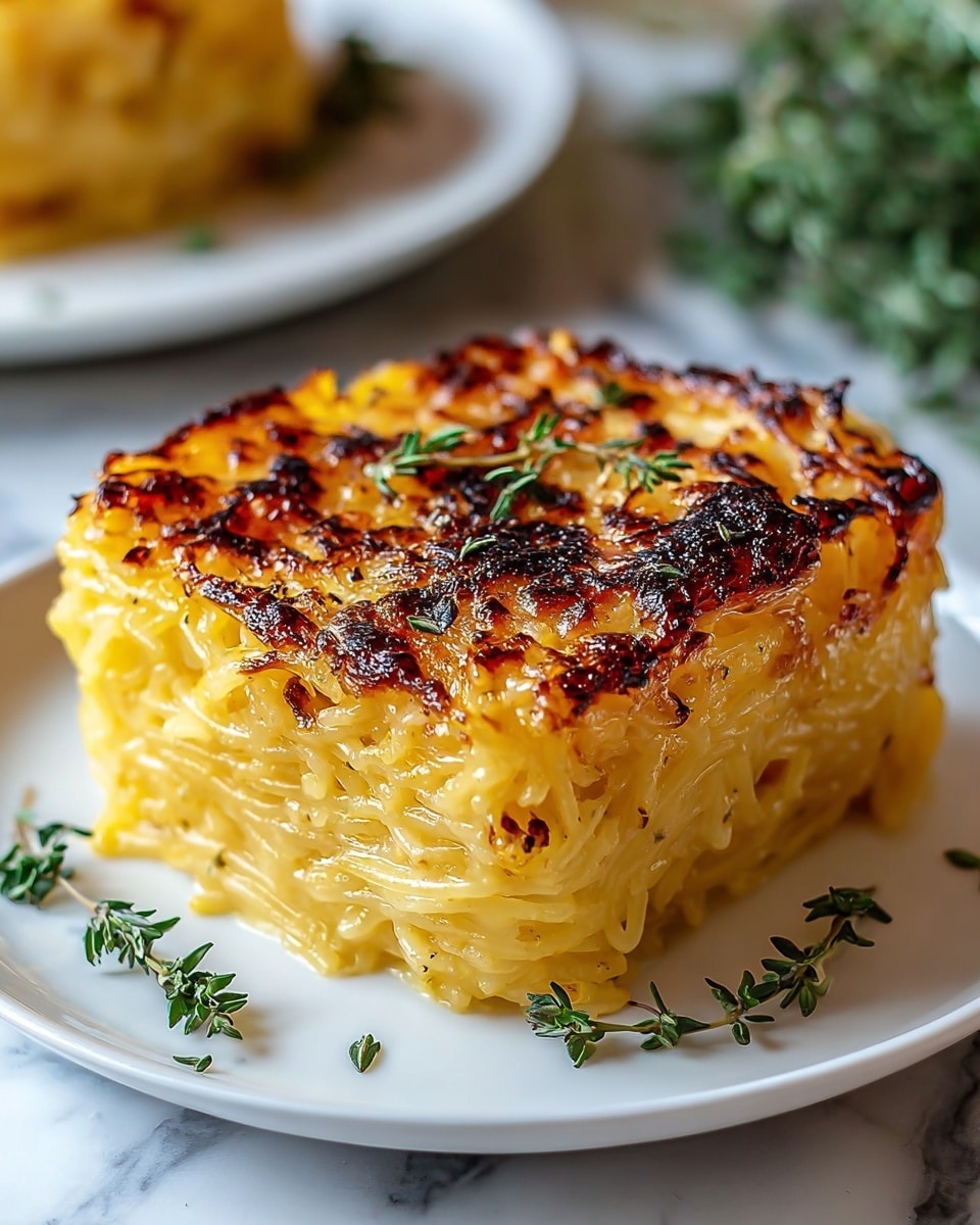 A square-shaped pasta dish sits on a white plate, featuring one main layer of cooked spaghetti noodles that are tightly packed and hold a golden yellow color. The top layer has a crispy, browned texture with darker charred spots, giving a grilled appearance. Small green herb sprigs, likely thyme, are sprinkled on the top and around the base of the pasta, adding fresh contrast to the warm tones. The plate is on a white marbled surface with a soft focus background that hints at another plate and some greenery. Photo taken with an iphone --ar 4:5 --v 7