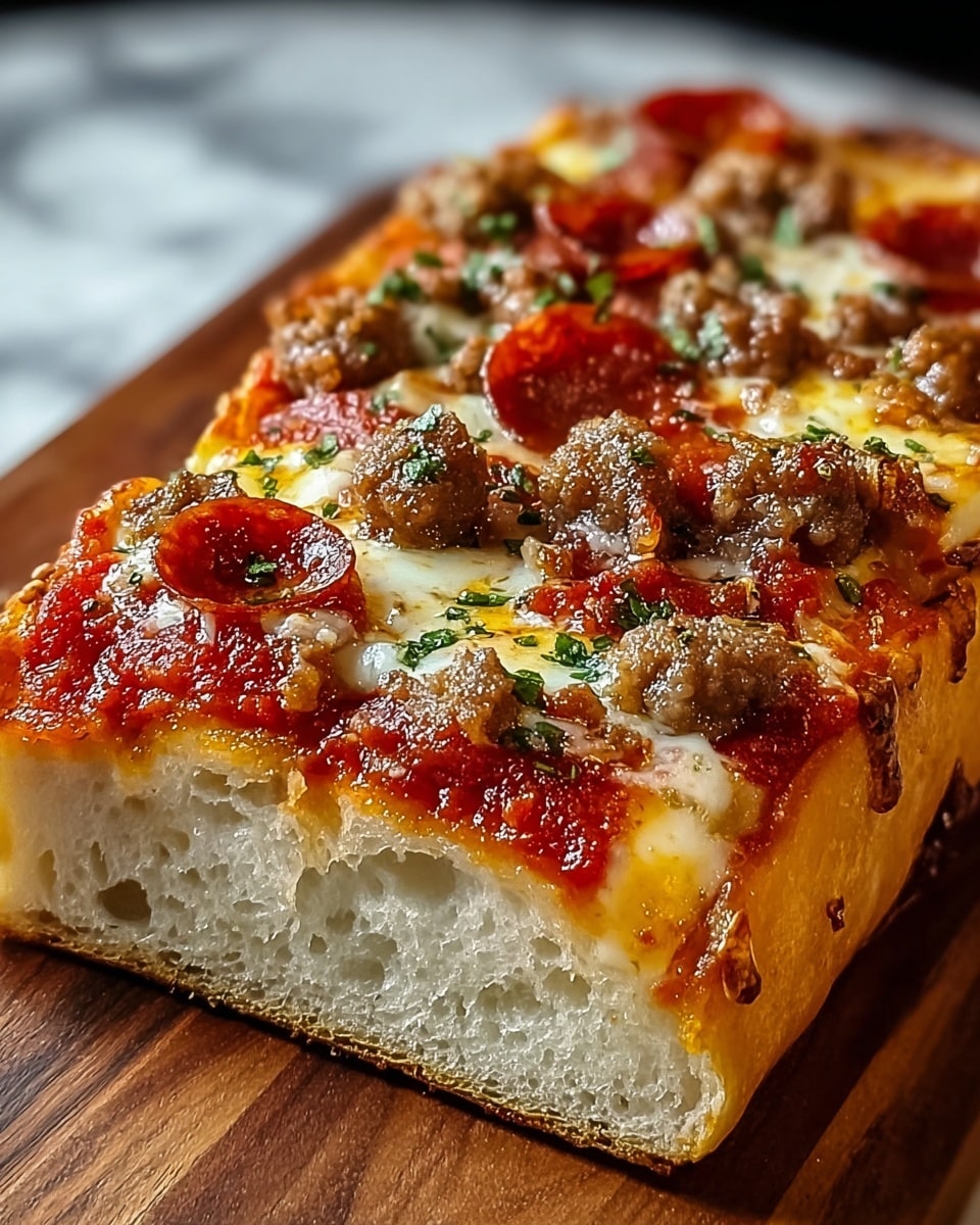 A thick, rectangular pizza slice shows three main layers: the bottom layer is a golden-brown crust with a soft, white inside; the middle layer is bright red tomato sauce spreading evenly; the top layer has melted gooey cheese mixed with small browned sausage pieces and scattered shiny red pepperoni rounds, all sprinkled with green herb bits. The pizza slice is on a wooden board with a white marbled texture background. photo taken with an iphone --ar 4:5 --v 7