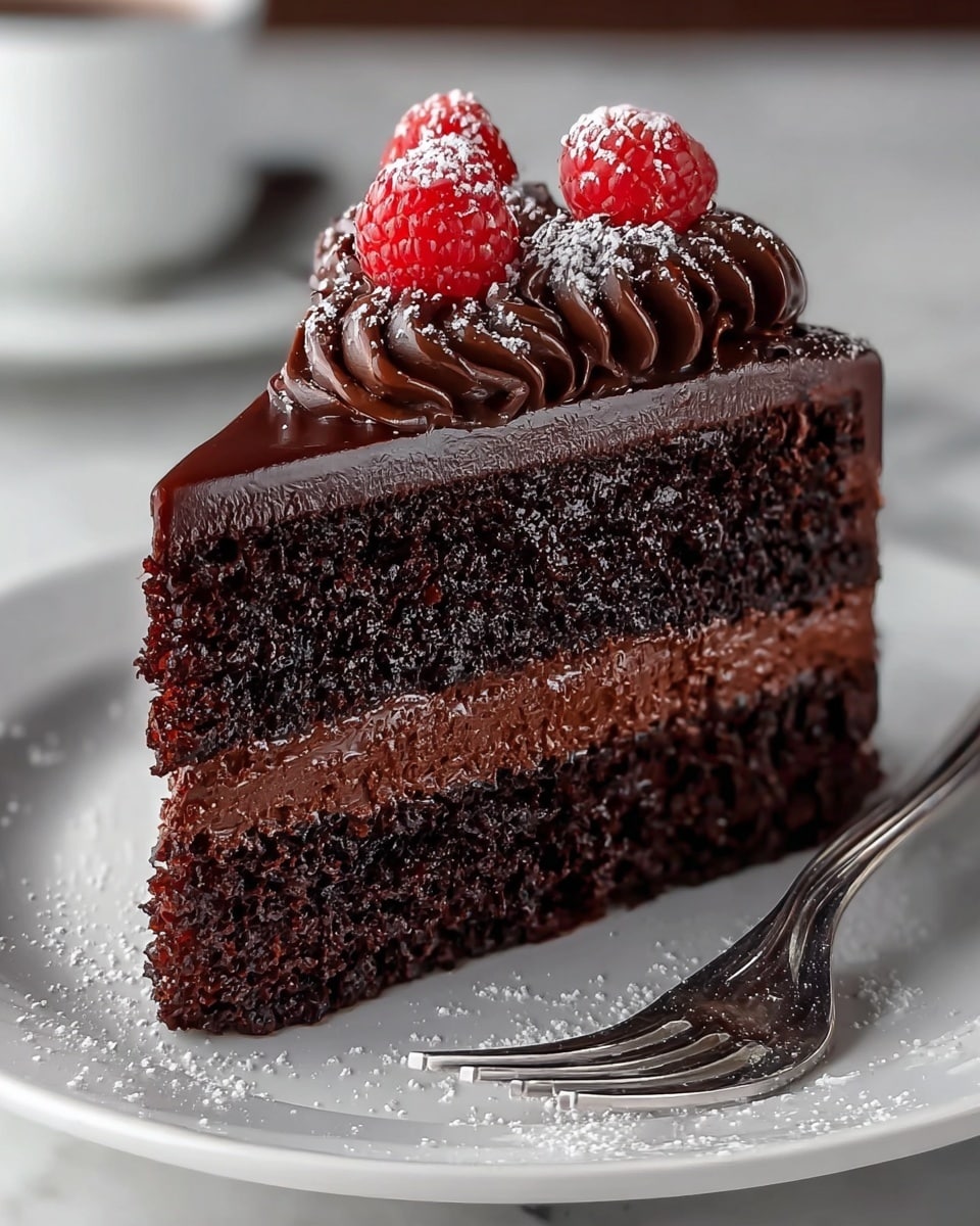 A slice of chocolate cake with three visible layers sits on a white plate over a white marbled surface. The bottom and middle layers are dark and moist chocolate cake, separated by a smooth, thick layer of chocolate cream. On top, there is a shiny layer of chocolate glaze, decorated with swirls of rich chocolate frosting. Three bright red raspberries dusted with light white powdered sugar rest on the frosting, adding a pop of color. A silver fork lies on the plate near the cake, also lightly sprinkled with powdered sugar. photo taken with an iphone --ar 4:5 --v 7