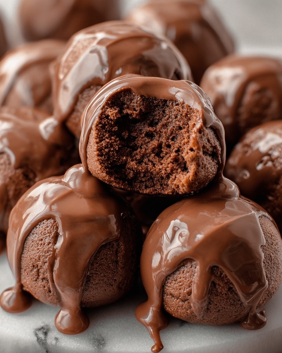 A close-up of a pile of round chocolate cookie balls, each covered with a smooth layer of shiny milk chocolate sauce dripping slightly down the sides, the cookie texture looks soft and dense with some rough cracks visible, one cookie ball is bitten showing a moist and rich chocolate interior. The cookies are placed on a white marbled surface, creating a warm and inviting scene. photo taken with an iphone --ar 4:5 --v 7