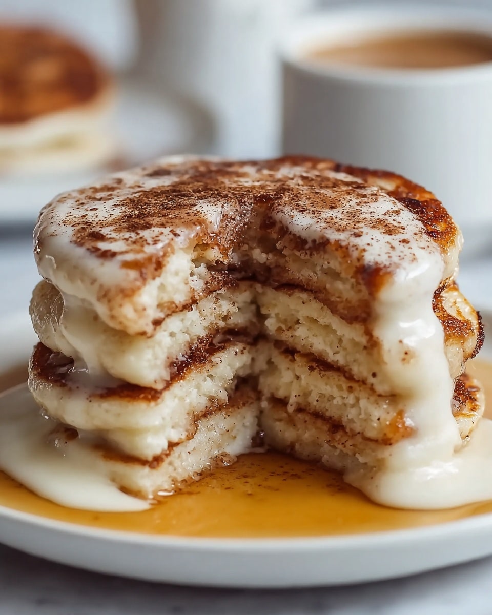 A stack of four thick, fluffy pancakes sits on a white plate over a white marbled texture. Each pancake layer is golden brown with a slight crisp edge and soft, light interior. A creamy white sauce drips generously down the sides of the stack, pooling at the bottom and mixing with a golden syrup base. The pancakes have a dusting of fine brown cinnamon powder scattered on top and over the sauce, adding texture and contrast. The scene is tightly focused on the pancakes, showing the soft detail inside the bite taken out from the stack. In the blurred background, two white cups with warm brown and white liquids can be seen. Photo taken with an iphone --ar 4:5 --v 7