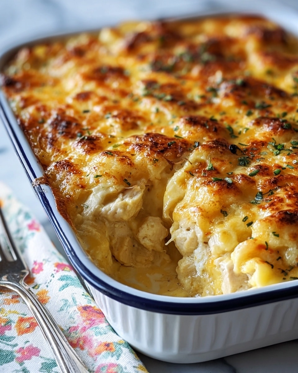 A close-up image of a baked casserole in a white ceramic dish with a navy blue rim, showing two thick layers: the bottom one filled with chunky, tender pieces of white chicken, and the top one covered with a golden, bubbly melted cheese layer with small browned spots and sprinkled with green herbs. The casserole sits on a white marbled surface with a fork placed on a floral-patterned napkin next to it. Photo taken with an iphone --ar 4:5 --v 7