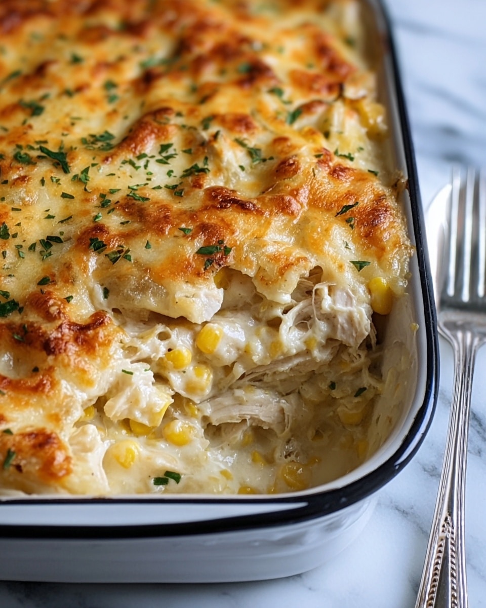 This image shows a baked creamy casserole inside a white baking dish with dark edges. The top layer is golden brown and bubbly cheese with some green herbs sprinkled lightly. Below the melted cheese, there are layers of white shredded chicken pieces and creamy yellow sauce mixed with corn kernels. The dish’s filling looks thick and rich, with texture showing the softness of the chicken and creaminess of the sauce. The casserole sits on a white marbled surface with a silver fork placed nearby. photo taken with an iphone --ar 4:5 --v 7