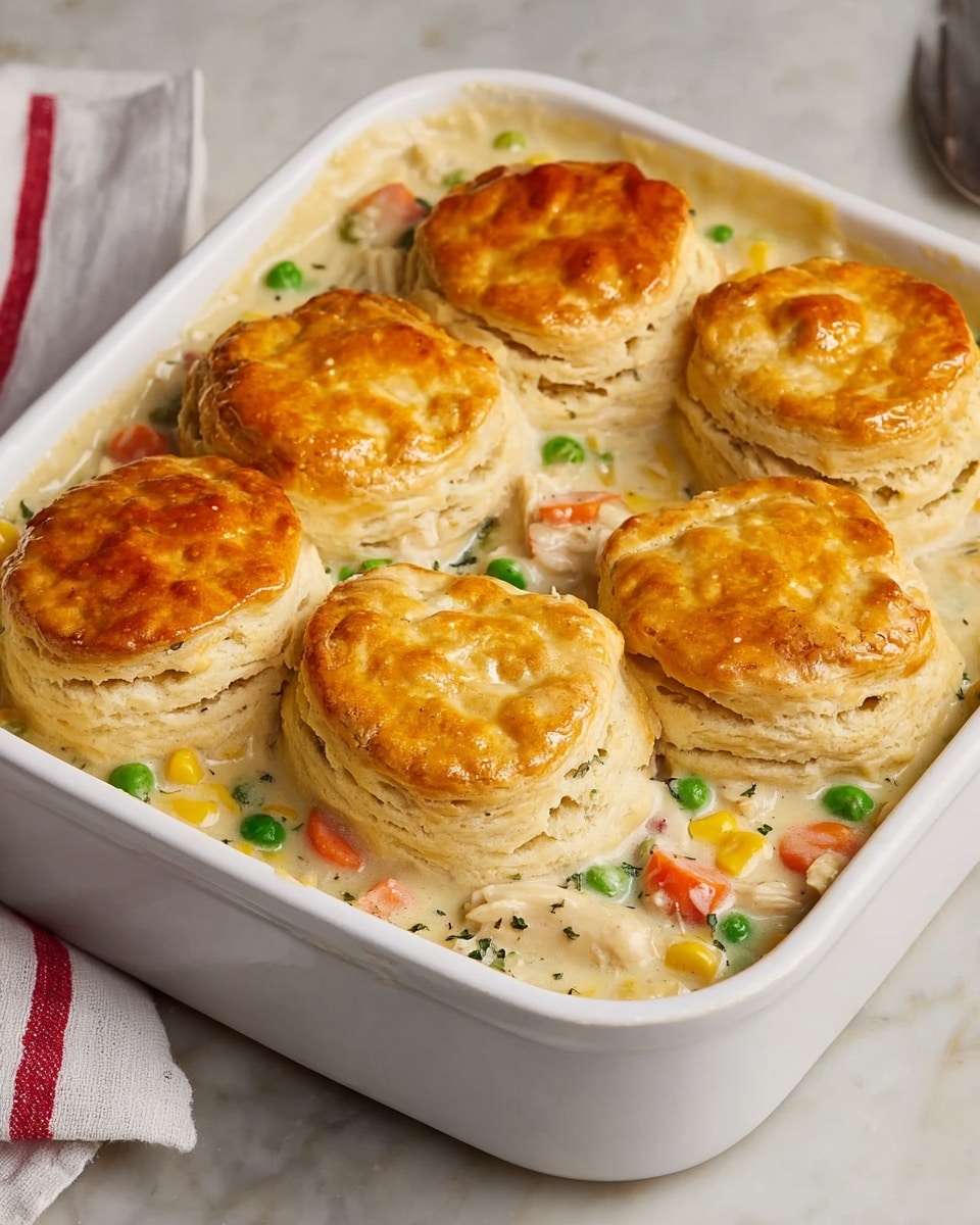 The dish is a white rectangular ceramic baking dish filled with chicken pot pie topped with six golden-brown biscuit layers sitting evenly on top. The biscuit tops are shiny and flaky with visible layers, and underneath them is a creamy, thick sauce mixed with chunks of white chicken, bright orange carrots, green peas, yellow corn, and herbs. The sauce looks rich and smooth, filling the dish around and beneath the biscuits. The dish is placed on a white marbled surface, with a white and red striped cloth partially visible on the side. Photo taken with an iphone --ar 4:5 --v 7
