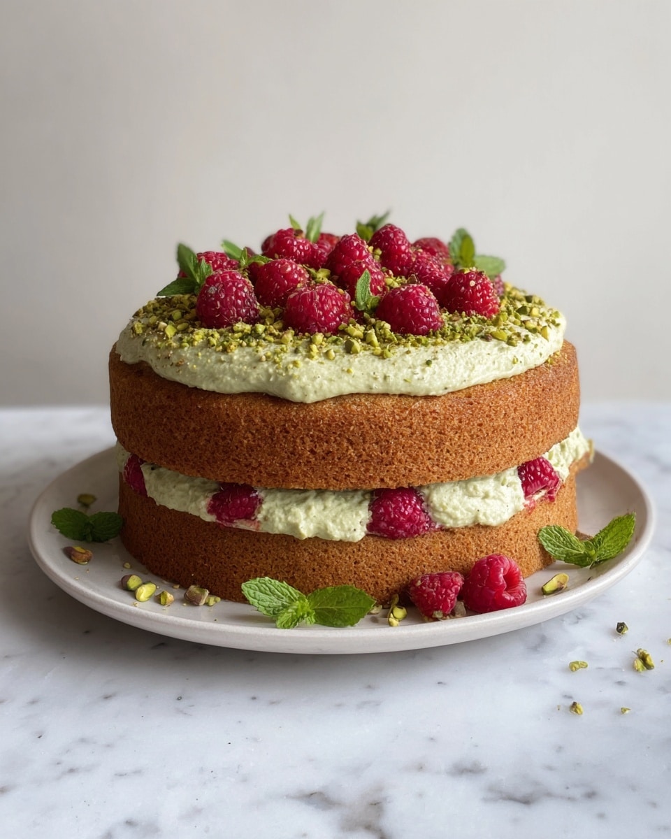 A two-layer round cake with golden brown sponge. The bottom layer is topped with a thick pale green cream and a layer of bright red raspberries peeking through. The top sponge layer is covered with the same pale green cream, decorated with whole fresh raspberries, small green mint leaves, and chopped green pistachios scattered on top. The cake sits on a white plate with a few mint leaves around, all placed on a white marbled surface against a plain white wall. Photo taken with an iphone --ar 4:5 --v 7