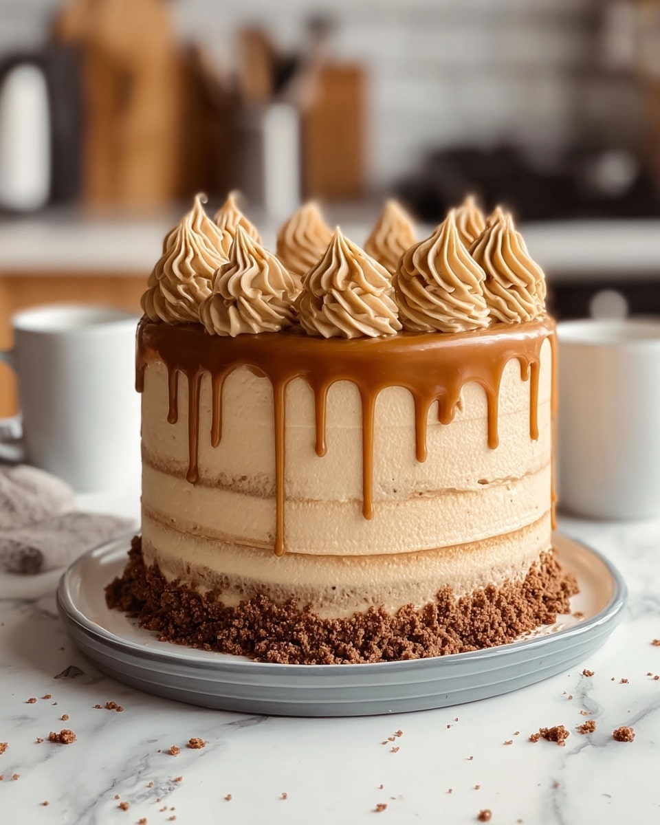 The image shows a tall cake with smooth light brown frosting all around, creating a textured layered look. The top layer has a glossy caramel sauce dripping down the sides unevenly. On the very top, there are ten large swirled dollops of the same light brown frosting, arranged neatly in a circle. The base of the cake is decorated with a ring of crumbled chocolate pieces. The cake sits on a white plate with a thin grey rim, placed on a white marbled surface. In the background, there is a blurred kitchen setting with a white mug visible. Photo taken with an iphone --ar 4:5 --v 7