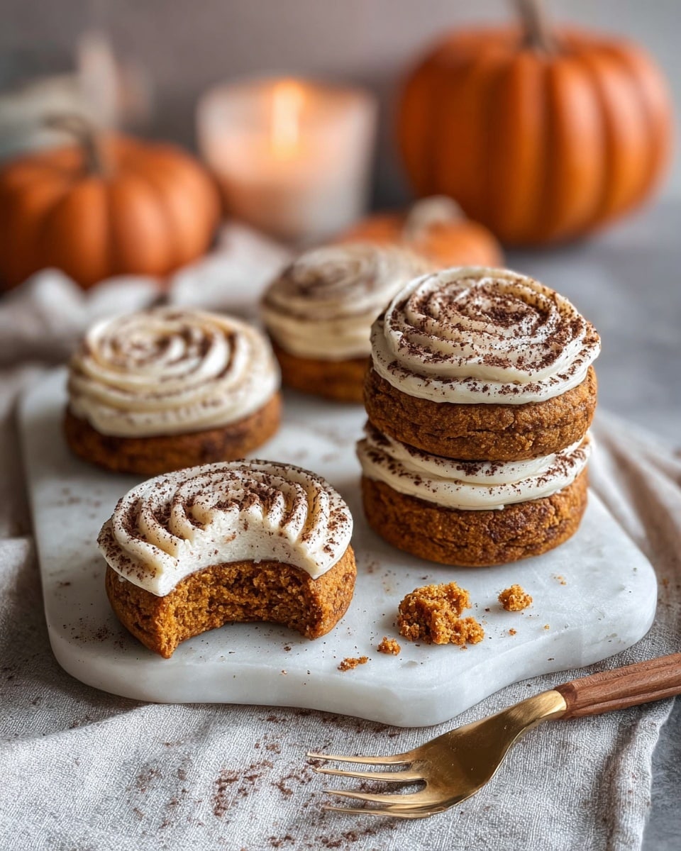 The image shows five round pumpkin cookies topped with swirled cream frosting sprinkled with cocoa powder, arranged on a white marbled cutting board. Four cookies are whole, with one stacked three layers high, alternating pumpkin cookie and thick cream frosting. One cookie in front has a bite taken, revealing a dense, moist orange-brown interior. Crumbs are scattered near the bitten cookie, and a gold and wood-handled fork lies nearby on a light textured cloth. In the background, soft-focus pumpkins and a small lit candle add a warm, cozy feel. photo taken with an iphone --ar 4:5 --v 7