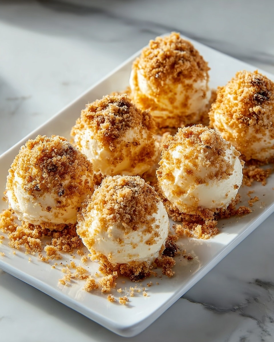 There are seven round scoops of cream-colored cheese balls placed on a white rectangular plate, each one coated in a crumbly layer of golden brown and darker brown crushed topping, giving a rough texture to their smooth surface. The cheese balls are arranged closely, three in the front row and four in the back, with some crumbs scattered around the plate for added texture. The plate sits on a white marbled surface that softly reflects the light, adding a clean and bright setting to the scene. photo taken with an iphone --ar 4:5 --v 7
