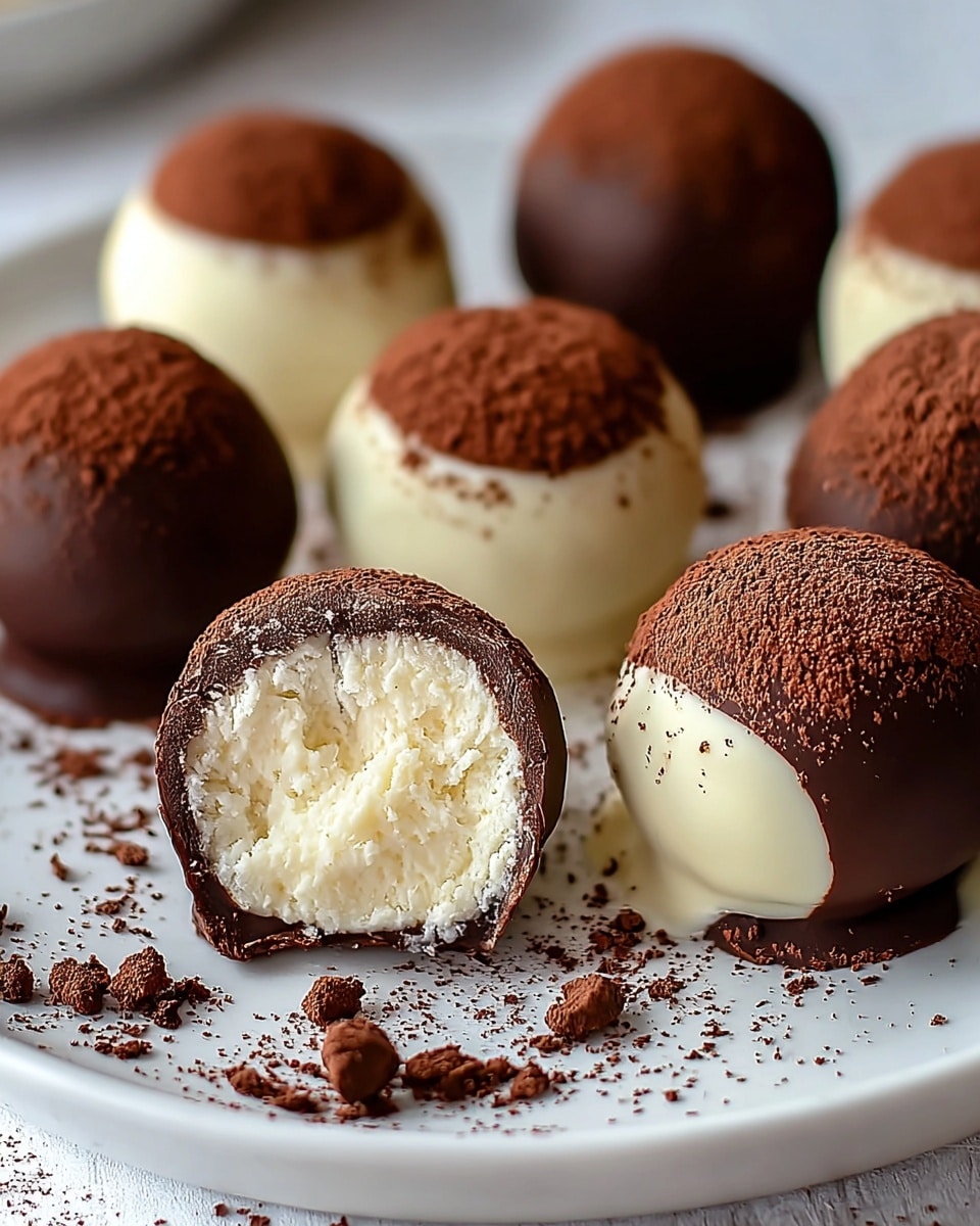 The image shows several round chocolate truffles arranged on a white plate with a white marbled texture surface. Each truffle has two visible layers: a smooth, dark brown chocolate outer shell dusted with fine cocoa powder at the top, and inside a creamy white filling with a fluffy, soft texture. Some truffles are fully coated with dark chocolate, while others have a half-dipped white chocolate layer beneath the dark chocolate. One truffle is bitten to reveal the thick white filling, and another is cut in half, showing the contrast between the dark outer shell and the inner white creamy center. Cocoa powder crumbs are scattered around the truffles on the plate, adding texture to the clean setup. Photo taken with an iphone --ar 4:5 --v 7