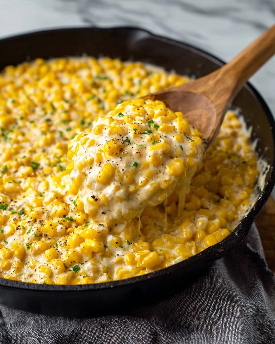 A close-up of a black pan filled with creamy corn dish, showing layers of bright yellow corn kernels mixed with a smooth, white creamy sauce. The dish is sprinkled with small green herb pieces and a light dusting of black pepper, adding texture and color contrast. A wooden spoon scoops a portion from the pan, lifting the thick, rich mixture to show its creamy consistency and vibrant yellow corn. The pan sits on a grey cloth over a white marbled surface. Photo taken with an iphone --ar 4:5 --v 7