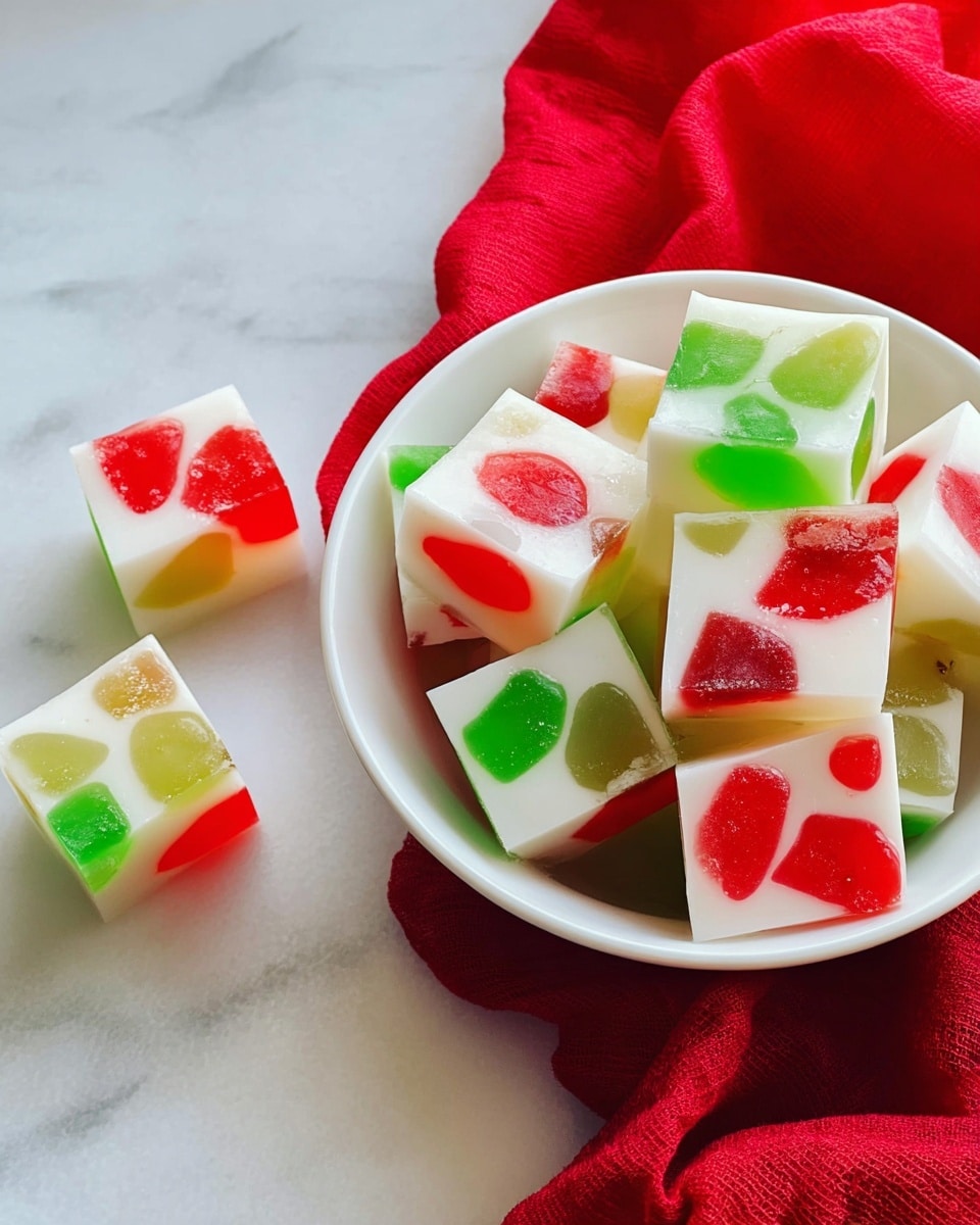 A white bowl filled with several white square jelly cubes that have red and green translucent fruit pieces embedded inside. The jelly cubes are smooth and slightly shiny, showing a soft texture. A few jelly cubes lie outside the bowl on a white marbled surface next to a bright red cloth, adding contrast to the scene. The photo taken with an iphone --ar 4:5 --v 7