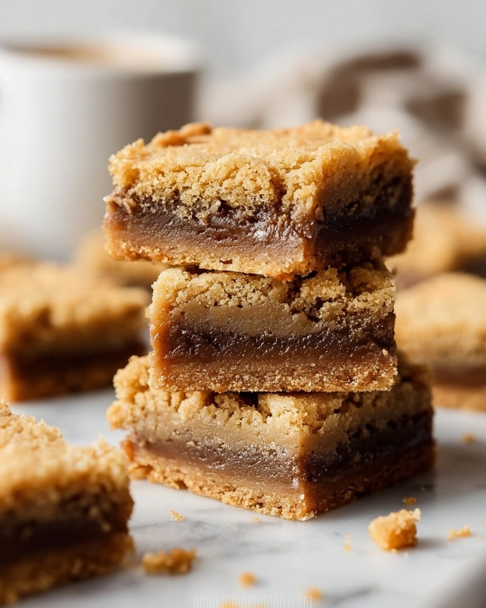 The image shows a stack of three square blondie bars placed on a white marbled surface. Each blondie has two visible layers: a light golden brown, slightly crumbly top and bottom layer with a soft and gooey medium brown middle layer in between. The texture appears dense and moist in the middle with a crispier outer crust. Small crumbs are scattered around the blondies on the surface. The close-up view captures the detailed crumb texture, and the background is softly blurred with a white cup in view. photo taken with an iphone --ar 4:5 --v 7