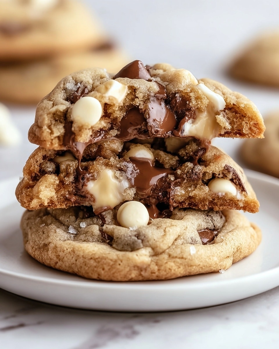 A stack of two chocolate chip cookies is placed on a white plate over a white marbled surface. The bottom cookie is whole but slightly broken in the front, showing gooey melted chocolate and creamy white chocolate chips inside. The top cookie is halved and rests on the bottom one, revealing a soft inside filled with many dark brown chocolate chips and creamy white chocolate chips embedded in the golden-brown dough. The texture looks chewy with visible sugar crystals on the surface, and the chips are plump and glossy. photo taken with an iphone --ar 4:5 --v 7