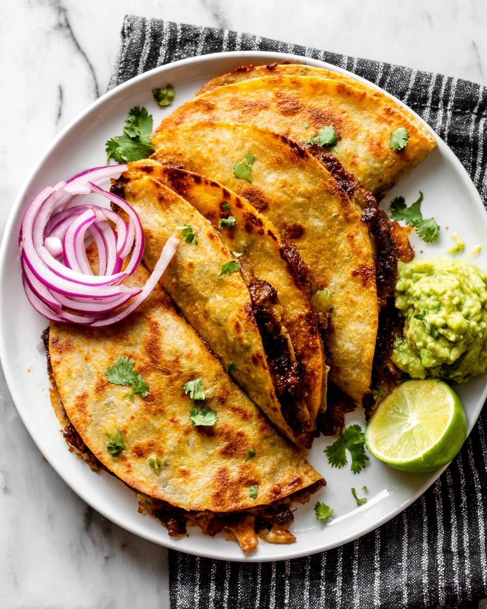 A white plate with three golden-brown quesadillas, each folded in half and showing a slightly crispy, uneven texture with dark browned bits at the edges, layered closely together from left to right. The quesadilla closest to the front is cut into two halves, showing a dark filling inside. On the left side of the plate, there are thin slices of bright purple-red onions, and on the right side, a small mound of chunky, light green guacamole next to two lime wedges, one whole and one cut in half, with a bright yellow-green inside. Small green cilantro leaves are scattered on the quesadillas and plate. The plate sits on a white marbled surface partially covered by a black-and-white striped cloth. Photo taken with an iphone --ar 4:5 --v 7
