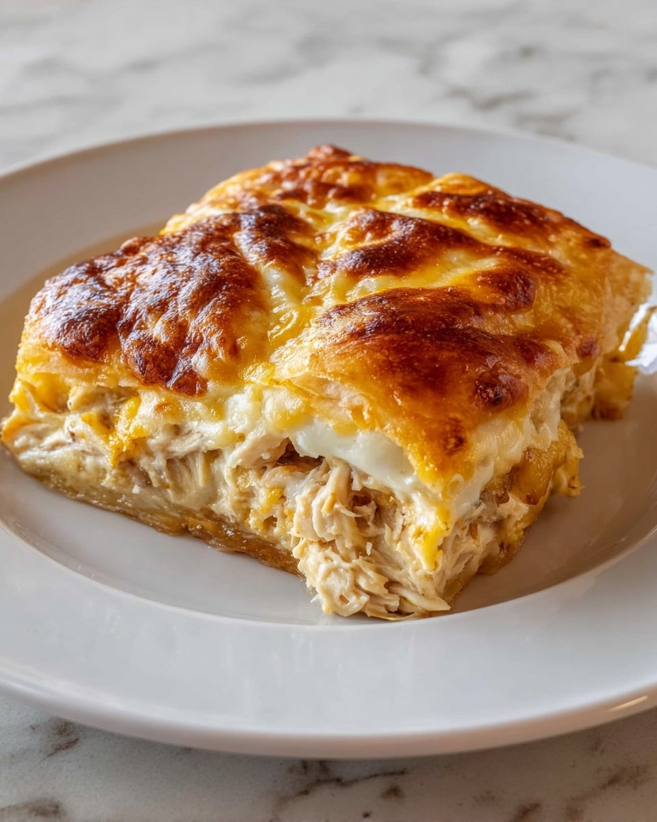 A golden brown baked square pastry with a crispy, slightly shiny top layer of melted cheese, showing a textured, soft, creamy chicken and shredded cheese filling inside. The inside layers include light tan shredded chicken mixed with melted cheese, all enclosed inside the thick, golden crust that has browned spots, indicating a well-baked finish. The dish is placed on a clean white plate sitting on a white marbled surface. photo taken with an iphone --ar 4:5 --v 7