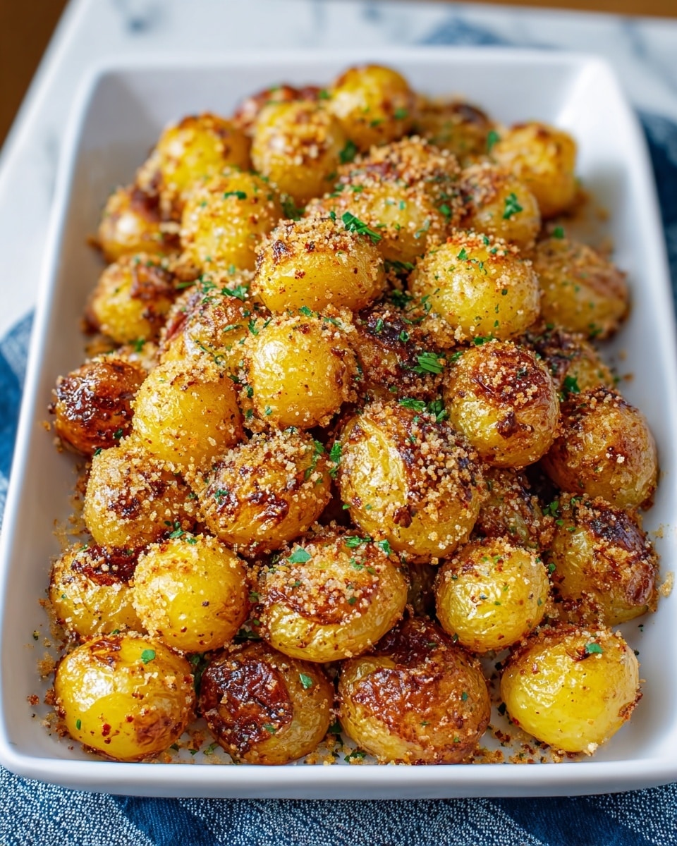 A white rectangular dish filled with a single thick layer of small golden-yellow roasted baby potatoes. The potatoes have a crispy, browned skin with some darker caramelized spots, and they are coated with a coarse, grainy seasoning mix that looks like a blend of spices and finely grated cheese. Small flecks of green herbs are scattered evenly across the potatoes, adding a fresh touch of color. The dish sits on a white marbled surface with a folded blue and white striped cloth underneath. photo taken with an iphone --ar 4:5 --v 7